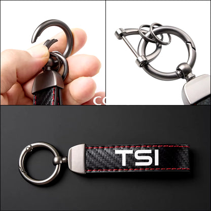 Car PU Leather Carbon Fiber Pattern Keychain for VW Volkswagen TSI TDI 4Motion Rotating Horseshoe Key Chain Car Accessories