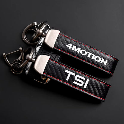 Car PU Leather Carbon Fiber Pattern Keychain for VW Volkswagen TSI TDI 4Motion Rotating Horseshoe Key Chain Car Accessories